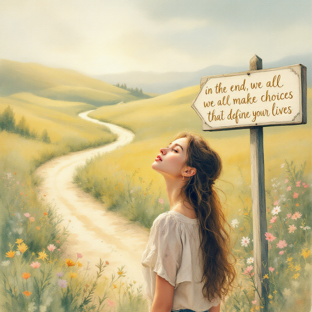 A young woman stands on a winding path through a vibrant meadow, gazing upward. A signpost beside her reads, In the end, we all make choices that define our lives.