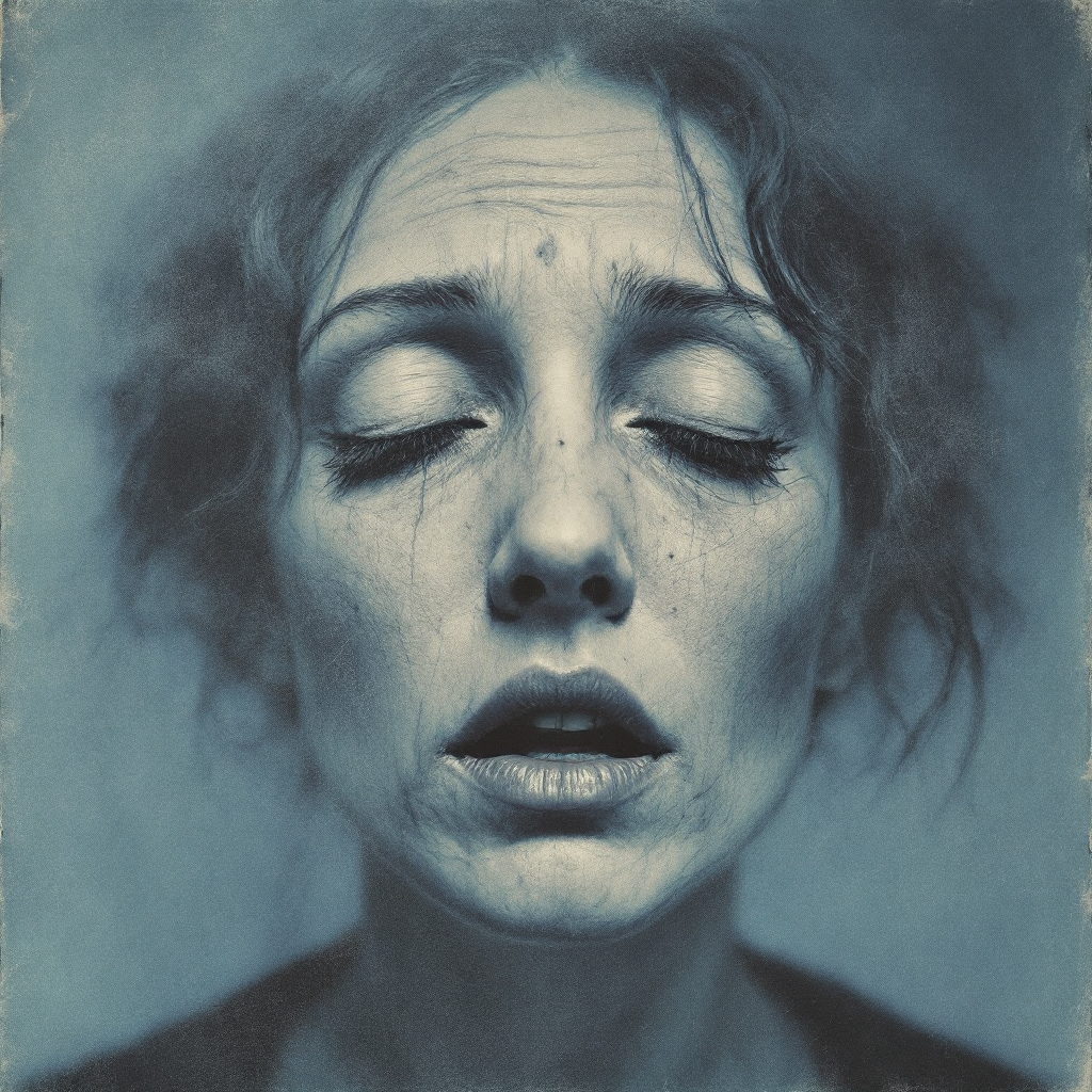 A somber, close-up portrait of a woman with closed eyes and tear-streaked cheeks, capturing a feeling of vulnerability and reflection on the passage of time.