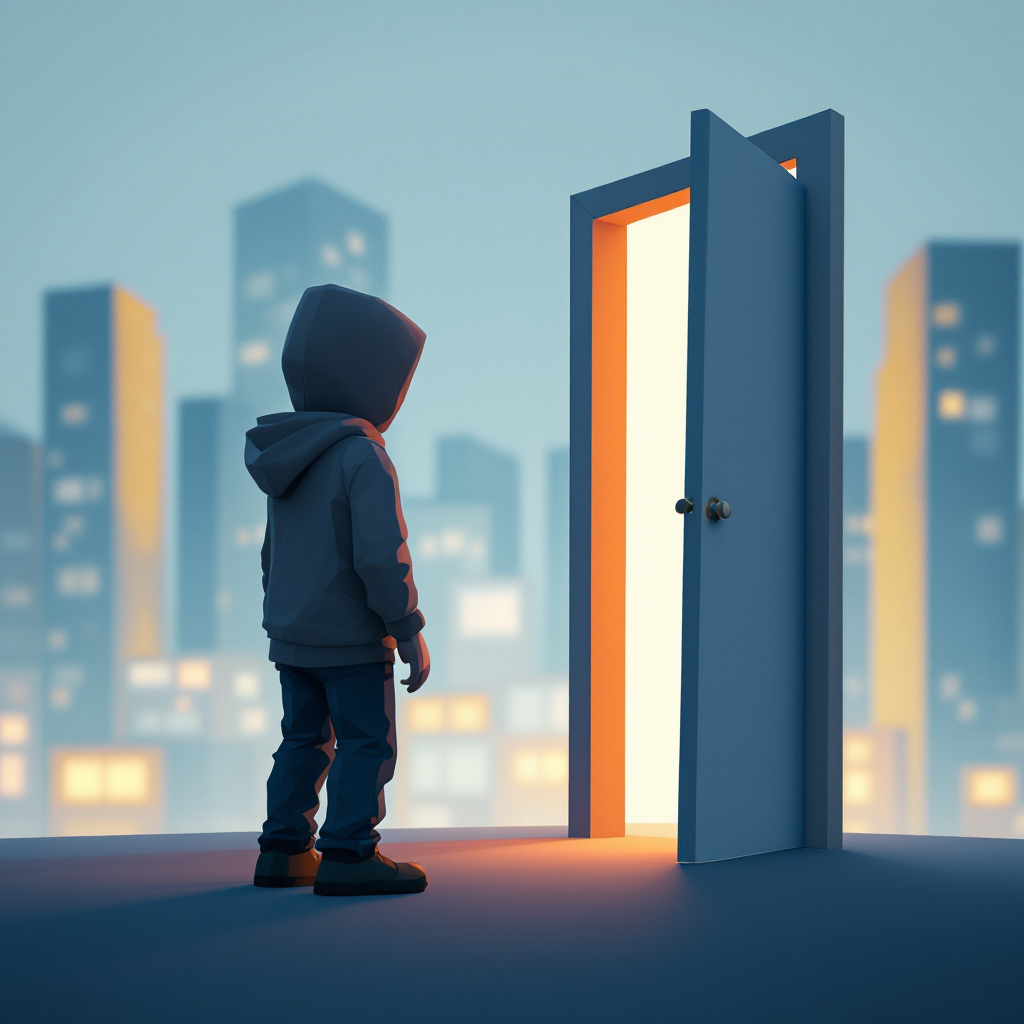 A silhouette of a child in a hoodie stands before an illuminated open door, overlooking a city skyline, symbolizing missed opportunities and choices in life.