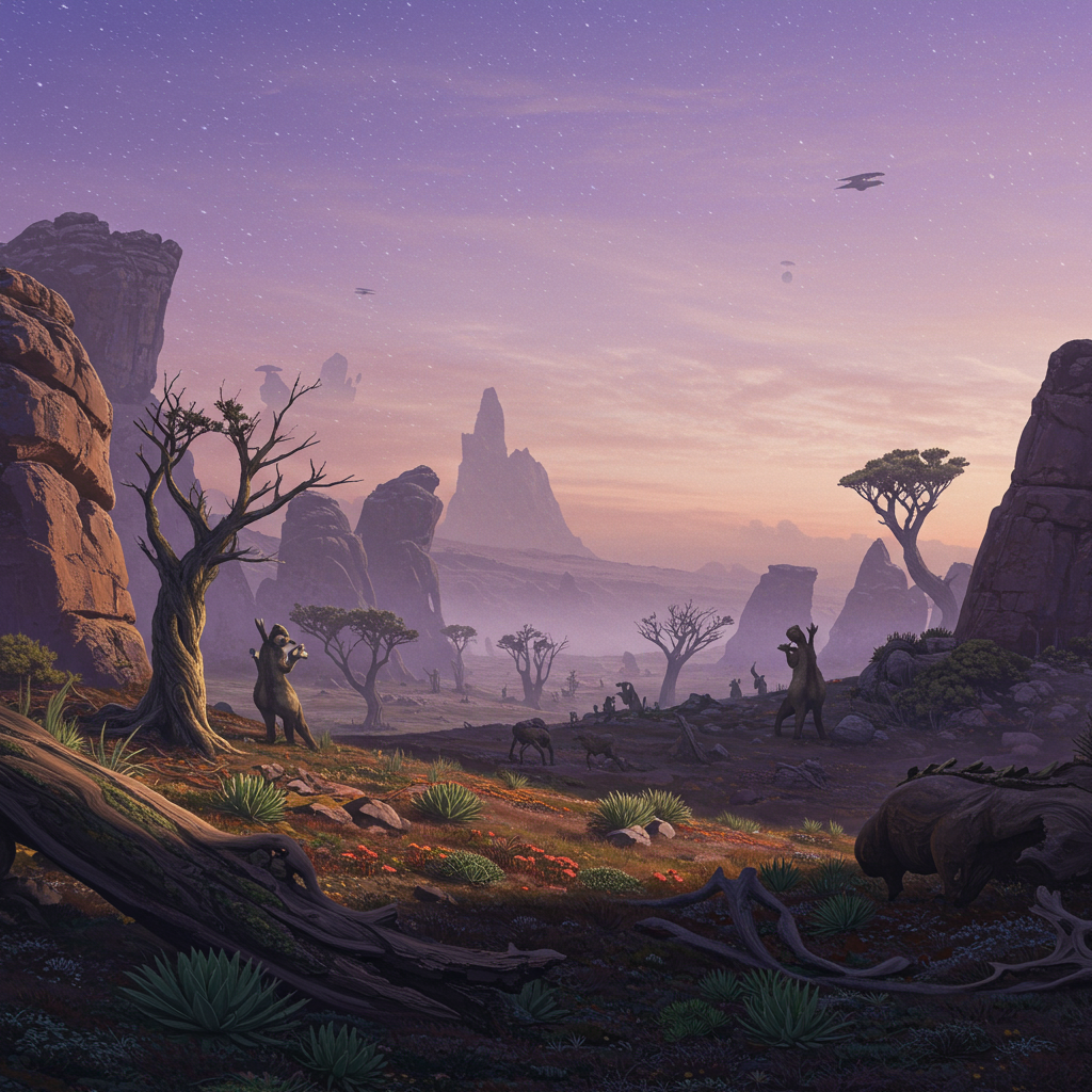 A vast, ancient landscape at dusk with rocky cliffs, scattered trees, and distant mountains beneath a fading sky, hinting at the slow passage of billions of years.