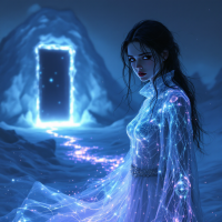 A woman in a shimmering blue dress stands in a snowy landscape, gazing pensively at a glowing doorway, embodying the weight of irreversible choices.