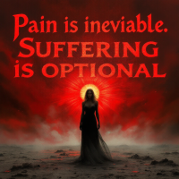 A silhouetted figure in a flowing black dress stands against a dramatic red background, with the quote Pain is inevitable. Suffering is optional. prominently displayed above.