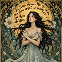 A woman with long dark hair stands gracefully, surrounded by intricate floral designs. The quote about choices and abilities is beautifully integrated into the background.