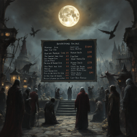 A dark, eerie marketplace under a full moon, where shadowy figures gather around a price list that includes sinister items, embodying the quote: Everything is for sale. Even a human life.