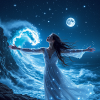 A woman in a flowing white dress stands on a rocky shore, her arms open wide as waves sparkle under a starry night sky, embodying hope and resilience against setbacks.