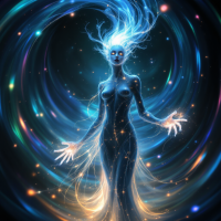 A luminous figure with flowing hair radiates light and energy, surrounded by swirling colors and stars, embodying the quote about being the light in darkness.