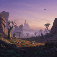 A vast, ancient landscape at dusk with rocky cliffs, scattered trees, and distant mountains beneath a fading sky, hinting at the slow passage of billions of years.