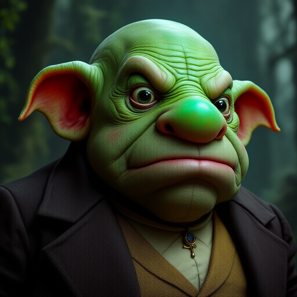 A green-skinned creature with a highly domed nose and piggy forehead wears a dark suit. Its expression is stern, evoking a commanding presence amidst a misty forest backdrop.