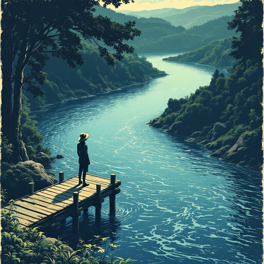 A person stands on a wooden dock, gazing out at a tranquil river flowing through lush mountains, embodying the quote about navigating time's unpredictable currents.