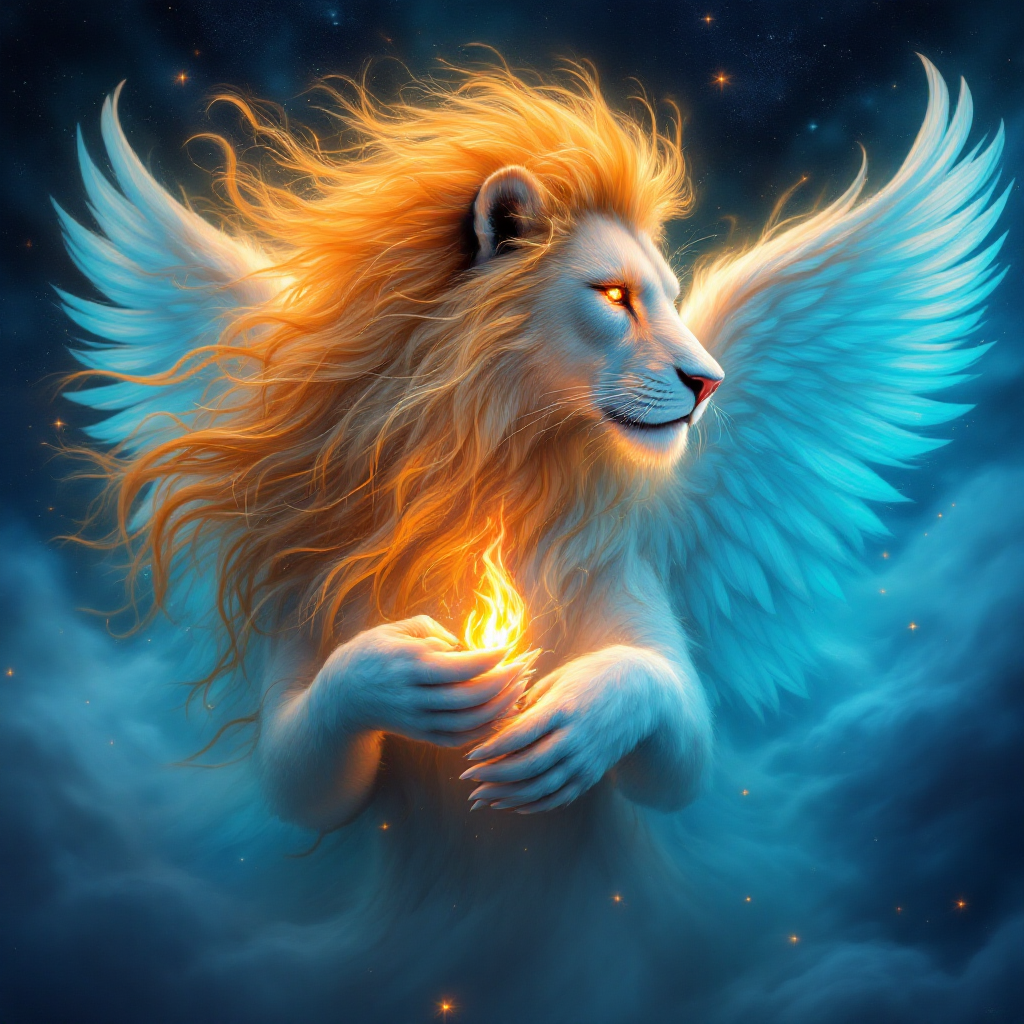 A majestic lion with flowing, fiery mane and angelic wings cradles a glowing flame, embodying love's dual nature as both a fierce beast and a warm fire.