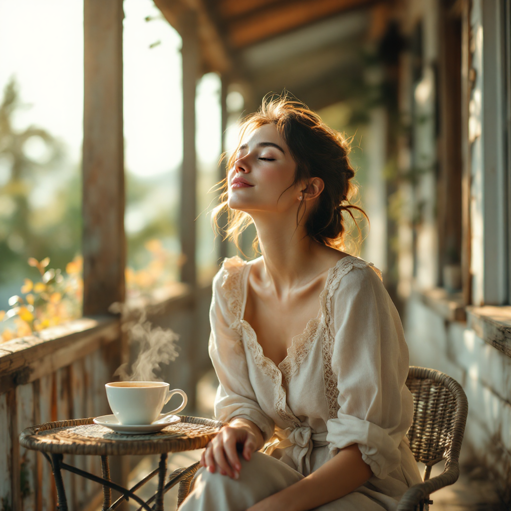 A woman sits peacefully on a porch, savoring a steaming cup of coffee. Sunlight filters through the surrounding greenery, capturing the beauty of ordinary moments in life.