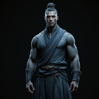 A powerful figure with grayish skin and a smooth head features a lush topknot. He wears a long tunic made of layered gray-and-blue scales, belted at the waist.