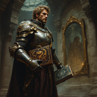 A determined hero in ornate armor stands in a grand, stone chamber, holding two ancient books. A mysterious mirror reflects his contemplative expression, embodying the weight of difficult decisions.