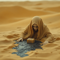 A figure in a hooded cloak kneels in a vast desert, gazing at a small box surrounded by dark, swirling water, symbolizing the struggle to confront buried pain.