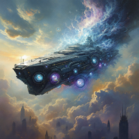 A massive, battleship-like vehicle oriented vertically, surrounded by glowing lens-shaped rings, ascending through swirling clouds and shifting dimensions.