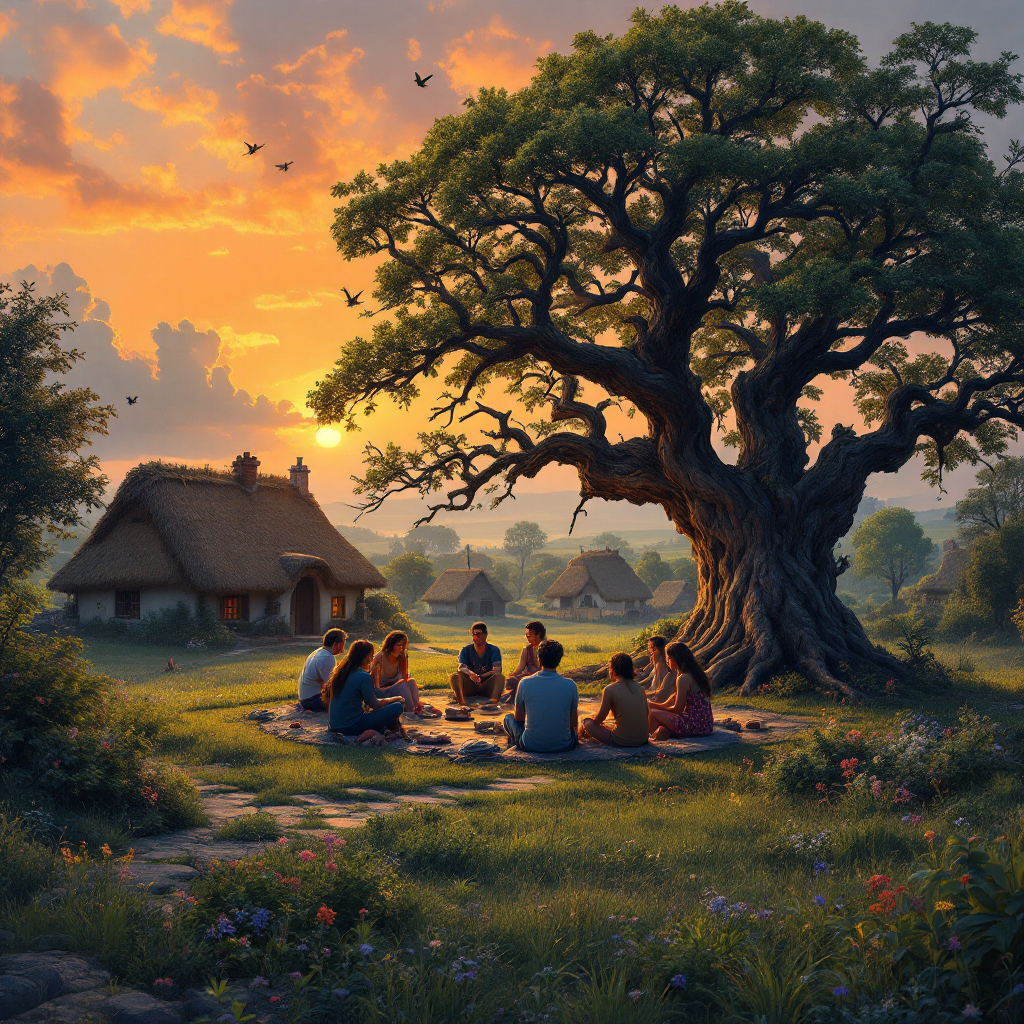 A diverse group of people gathers under a large tree at sunset, sharing stories around a small fire, with quaint cottages and lush greenery in the backdrop, symbolizing community and sustainability.