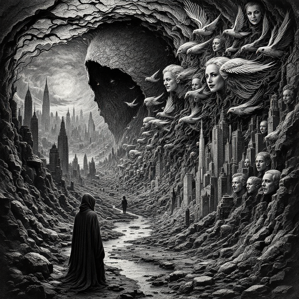 A cloaked figure stands in a dark, surreal landscape filled with twisted stone formations, disembodied faces, and a looming shadow, embodying the elusive nature of truth and reality.