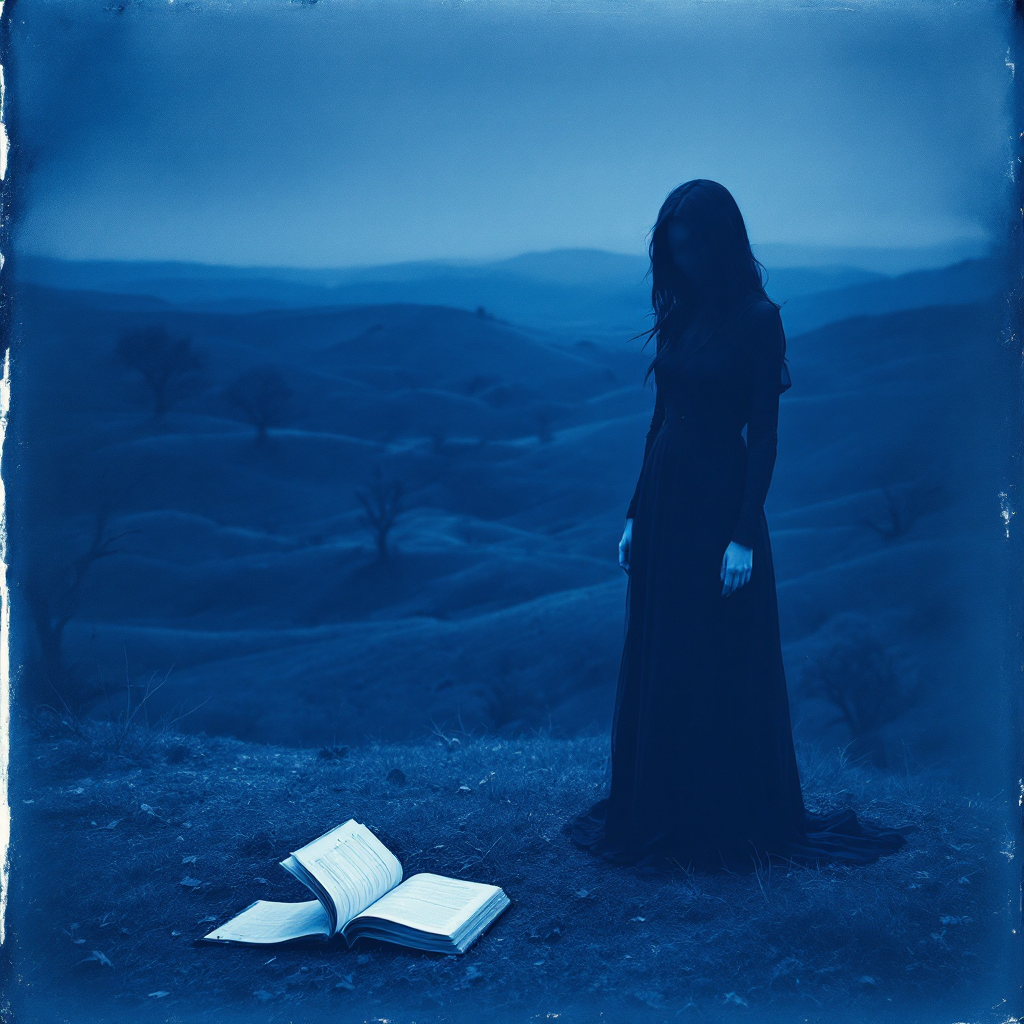 A figure in a long, dark dress stands on a serene landscape, gazing into the distance. An open book lies at their feet, evoking the quote about the certainties of life.