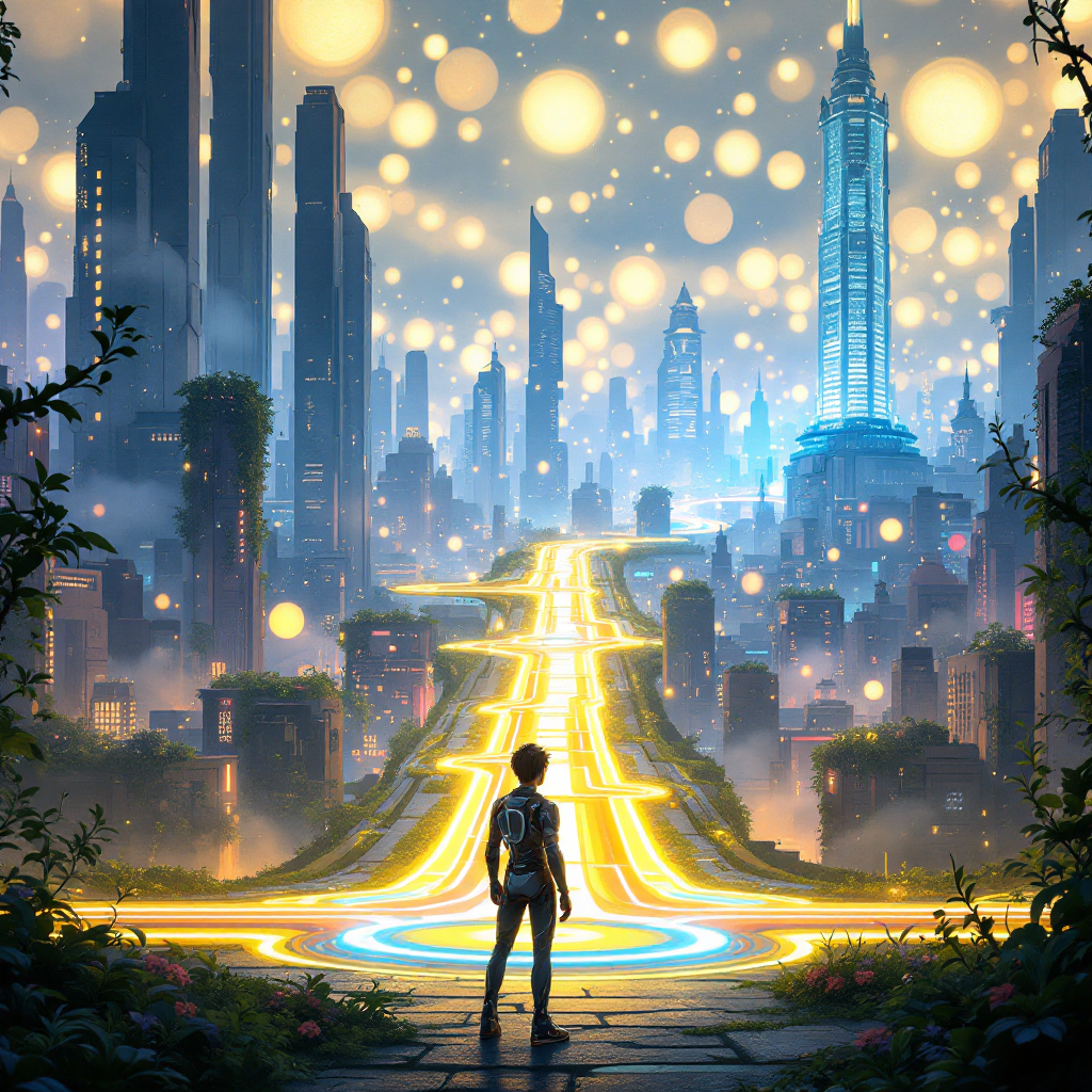 A solitary figure stands before a vibrant, illuminated pathway winding through a futuristic city, symbolizing the impact of choices on life's rhythm amid glowing orbs and towering skyscrapers.