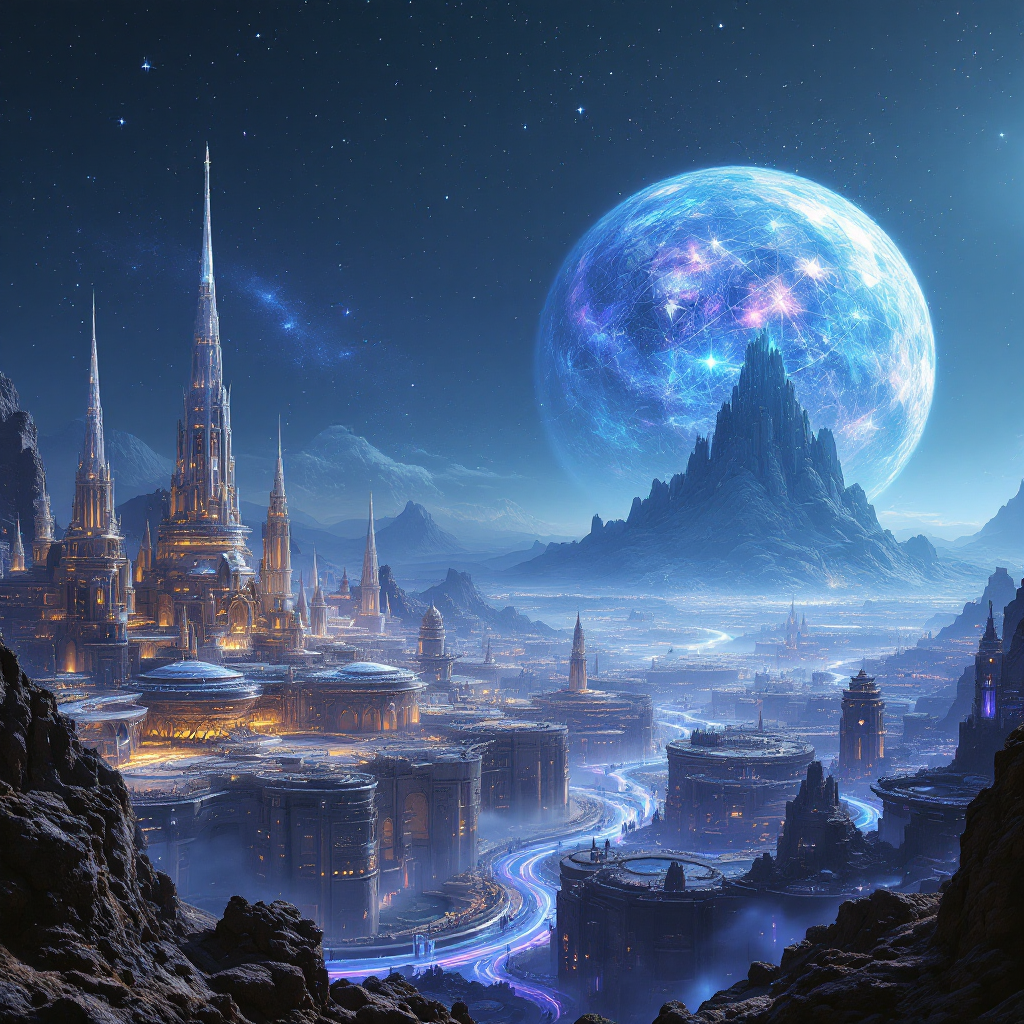 A luminous alien cityscape under a large, vibrant moon, showcasing towering spires and a winding river, embodies the spirit of exploration and understanding among the stars.