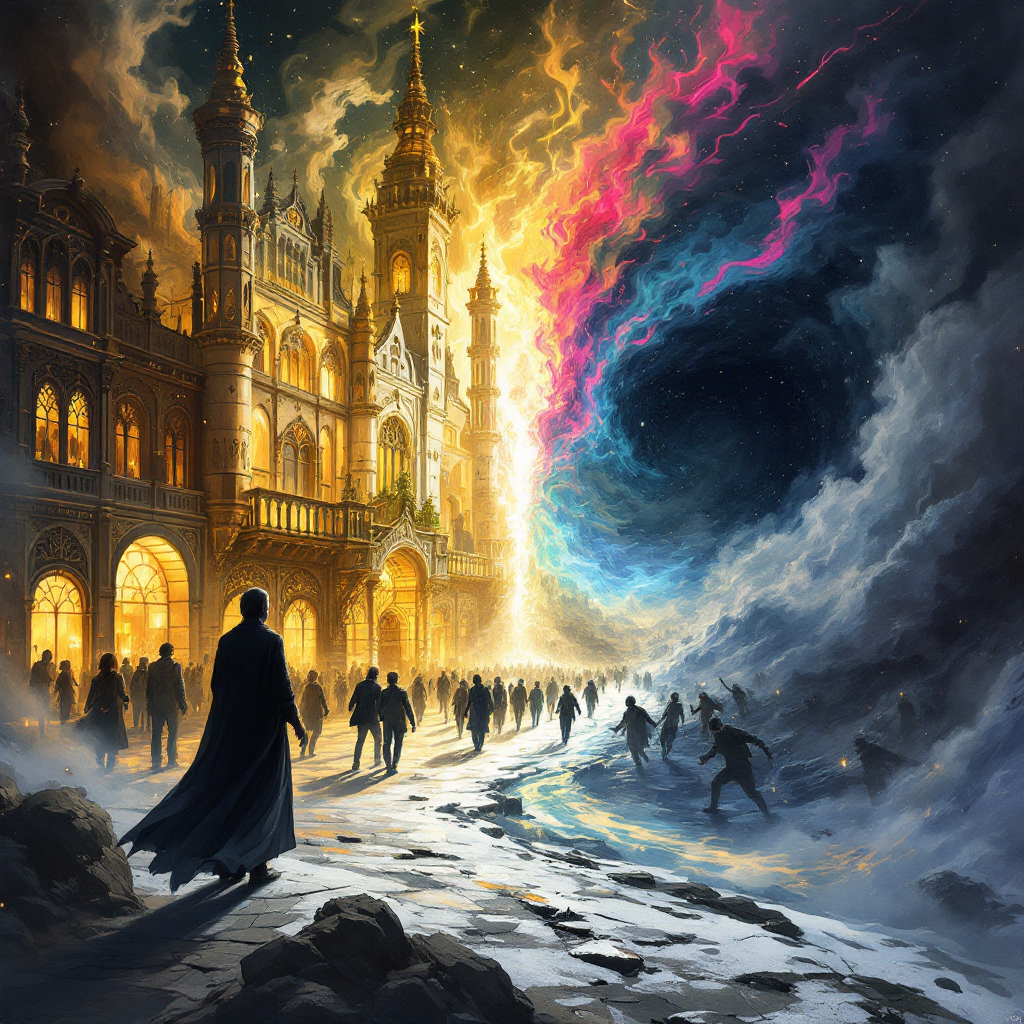 A dramatic scene depicting a divided landscape, with a grand castle illuminated by vibrant colors on one side and dark, chaotic elements on the other, symbolizing contrasting eras of hope and despair.