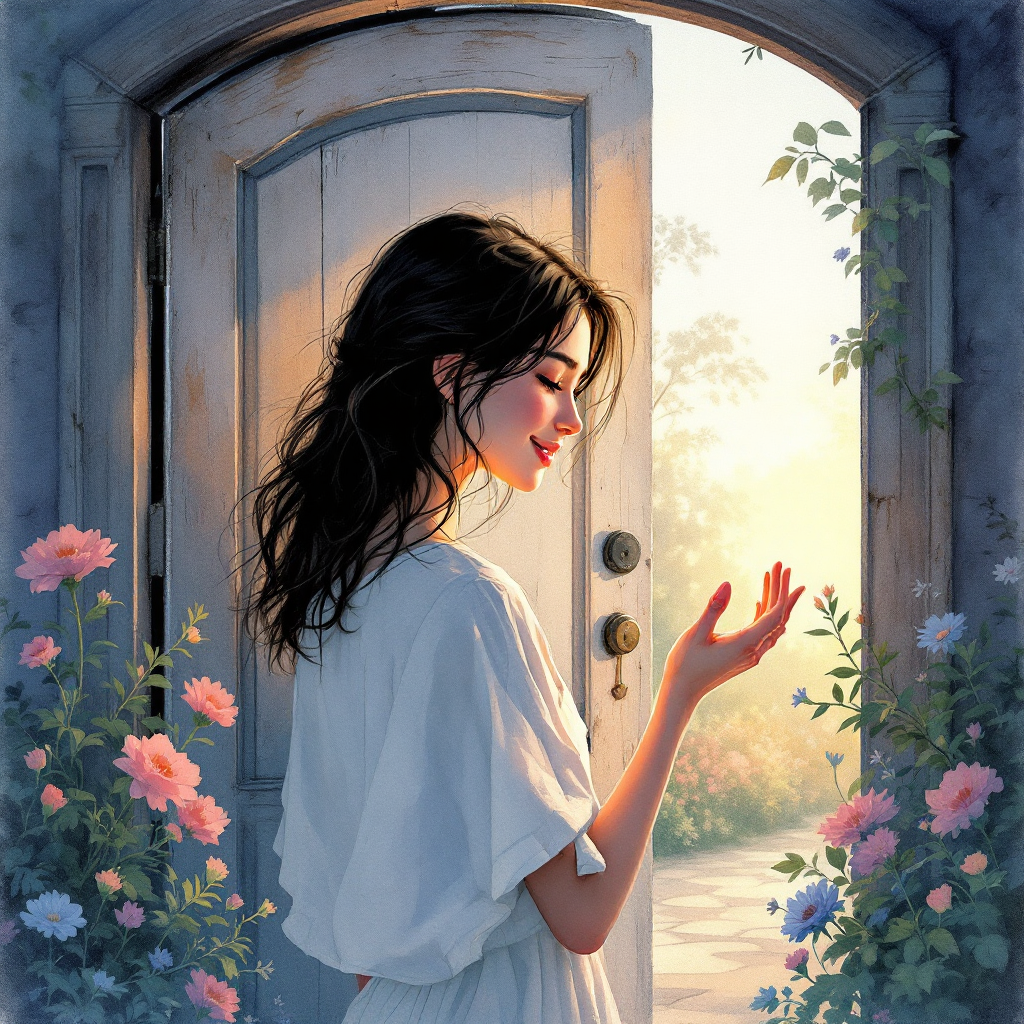 A serene young woman stands at an open door, bathed in warm light, conveying the bravery of welcoming someone in, surrounded by blossoming flowers.