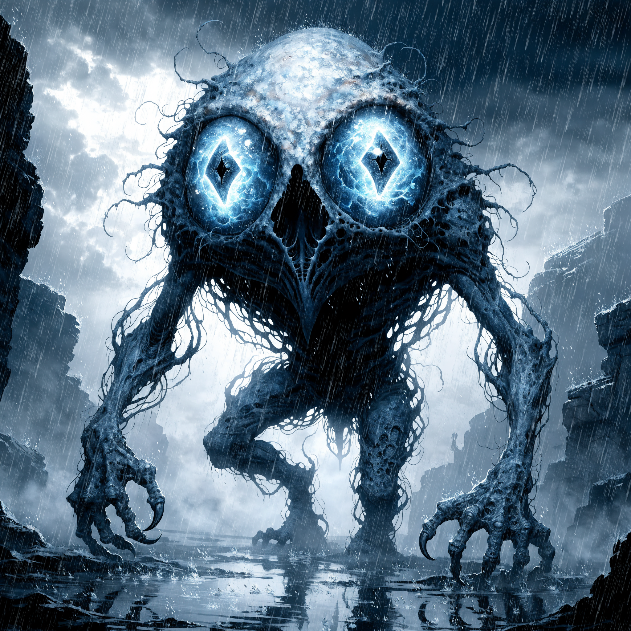 A lanky bluish creature with phosphorescent eyes featuring diamond pupils and swirling shapes inside, its face marked by a nose like an inverted pit of flowery bone, moves forward in rain.