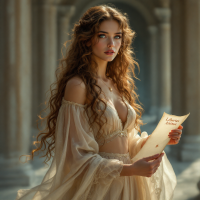 A young woman with long, flowing hair stands in a sunlit space, holding a scroll. Her gaze reflects contemplation and the essence of choosing one's own destiny, embodying the spirit of freedom.