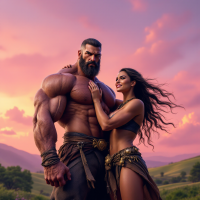 A powerful warrior and a confident woman stand together against a vibrant sunset backdrop, symbolizing strength and unity in overcoming challenges.