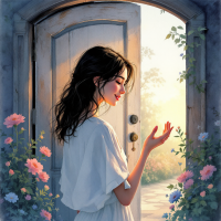 A serene young woman stands at an open door, bathed in warm light, conveying the bravery of welcoming someone in, surrounded by blossoming flowers.