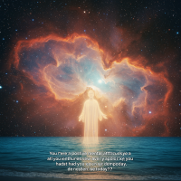 A luminous figure stands in a tranquil ocean, surrounded by a vibrant cosmic nebula. The quote emphasizes maintaining positivity despite life's challenges.