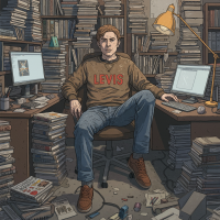 A man in Levi’s and a greasy sweatshirt sits amid towering stacks of scientific journals and clutter, blending into the chaotic, cramped workspace like a hydroponic vegetable.