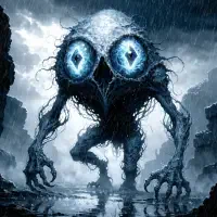 A lanky bluish creature with phosphorescent eyes featuring diamond pupils and swirling shapes inside, its face marked by a nose like an inverted pit of flowery bone, moves forward in rain.