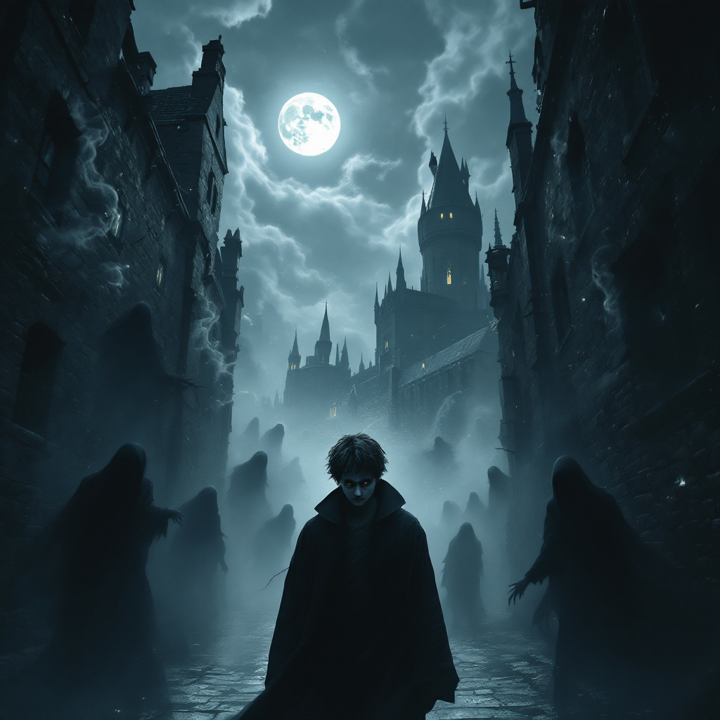 A dark, eerie street under a full moon, with shadowy figures lurking in the mist. A solitary figure in a cloak faces the haunting atmosphere, reflecting on past horrors.