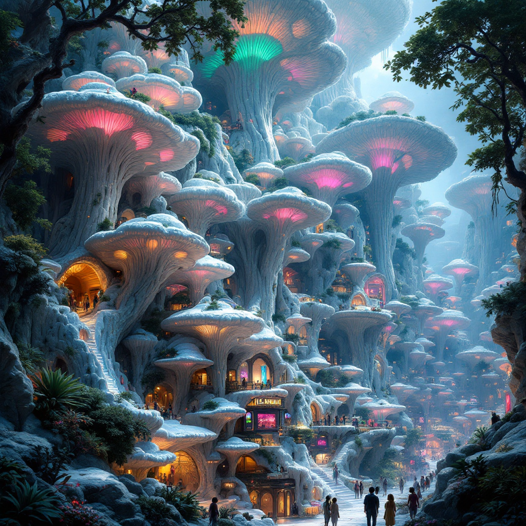 A vibrant fungal city built into towering worldtrees, featuring massive, shelflike mushrooms forming communal dwellings, illuminated with colorful lights amidst lush greenery.