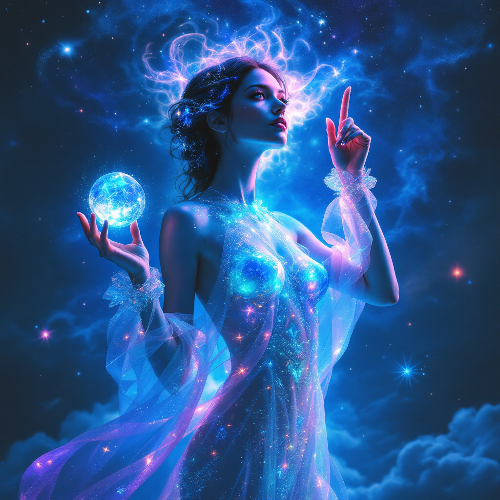 A ethereal figure illuminated by cosmic light holds a glowing globe, symbolizing choice and freedom, set against a backdrop of swirling stars and clouds.