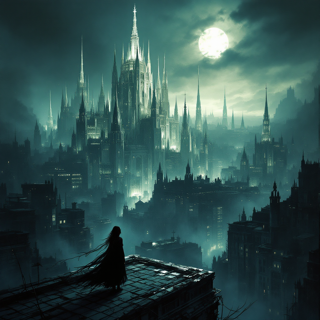 A shadowy figure stands atop a dark rooftop, gazing over a sprawling, ominous city under a glowing moon, embodying the hidden ambition and greed beneath the White City's façade.