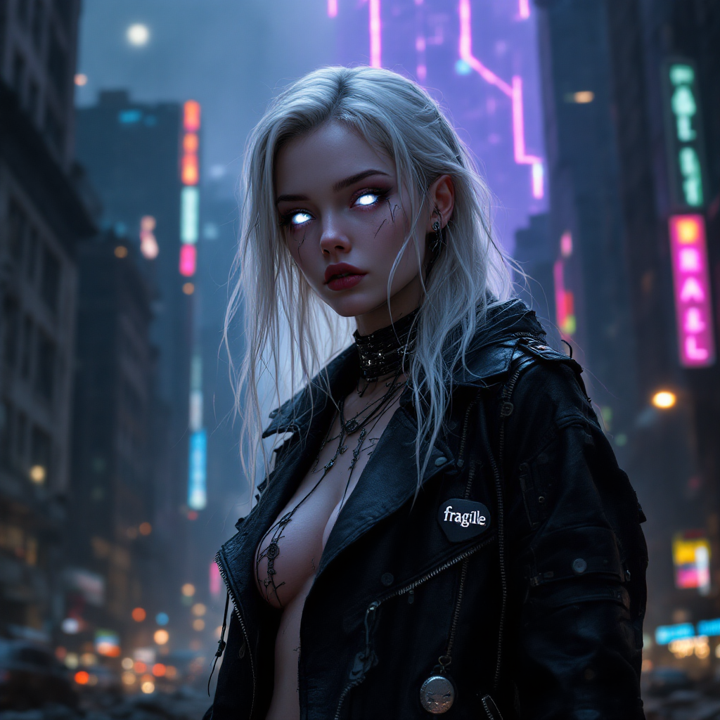 A striking figure with pale hair and glowing eyes stands amid a vibrant cityscape, embodying beauty in imperfection, reflecting the quote about embracing our brokenness.