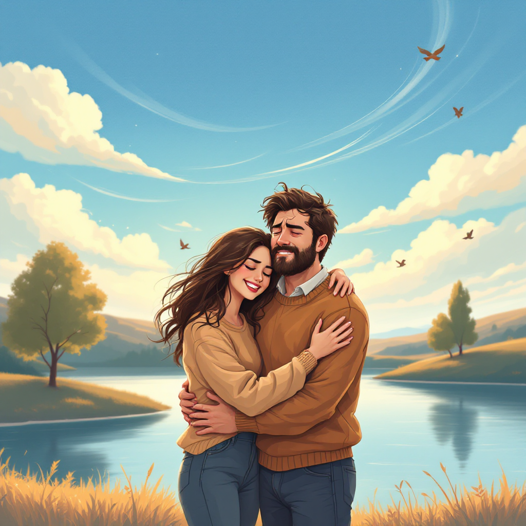 A joyful couple embraces by a serene lake, surrounded by trees and birds, embodying the essence of true friendship through support in both happiness and sorrow.