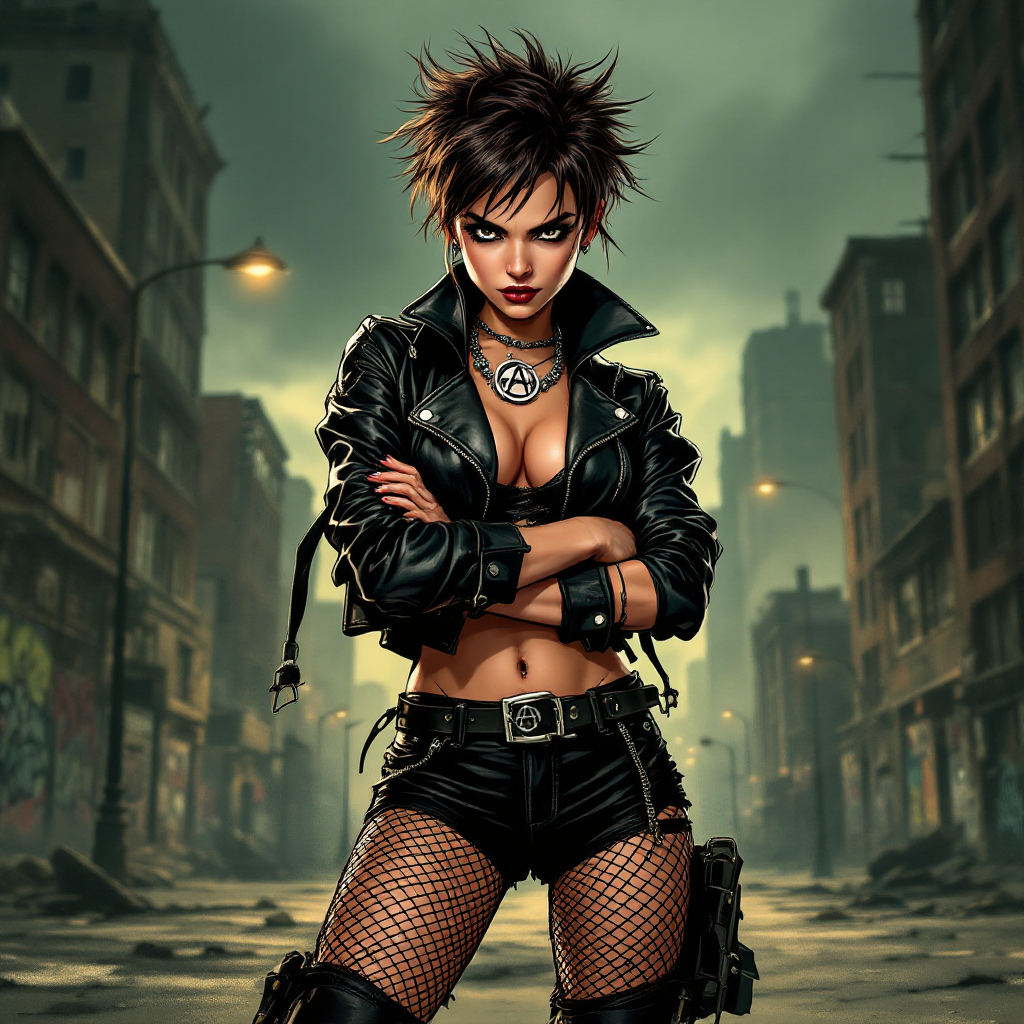 A confident, rebellious woman stands in a desolate urban landscape, arms crossed, wearing a leather jacket and fishnet stockings, embodying strength and resilience against adversity.