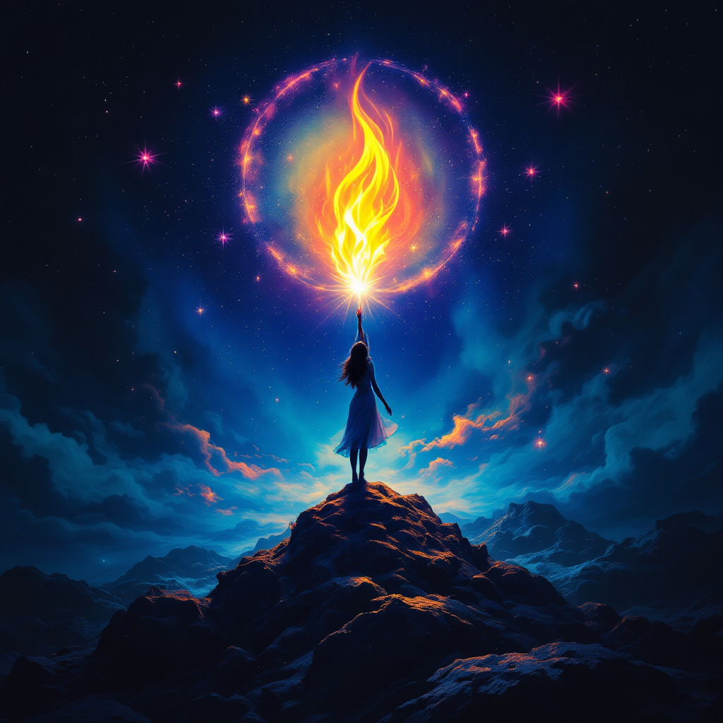 A figure stands triumphantly atop a mountain, holding a bright flame aloft against a starry night sky, embodying the quote: Hope is a light that can never be extinguished by darkness.