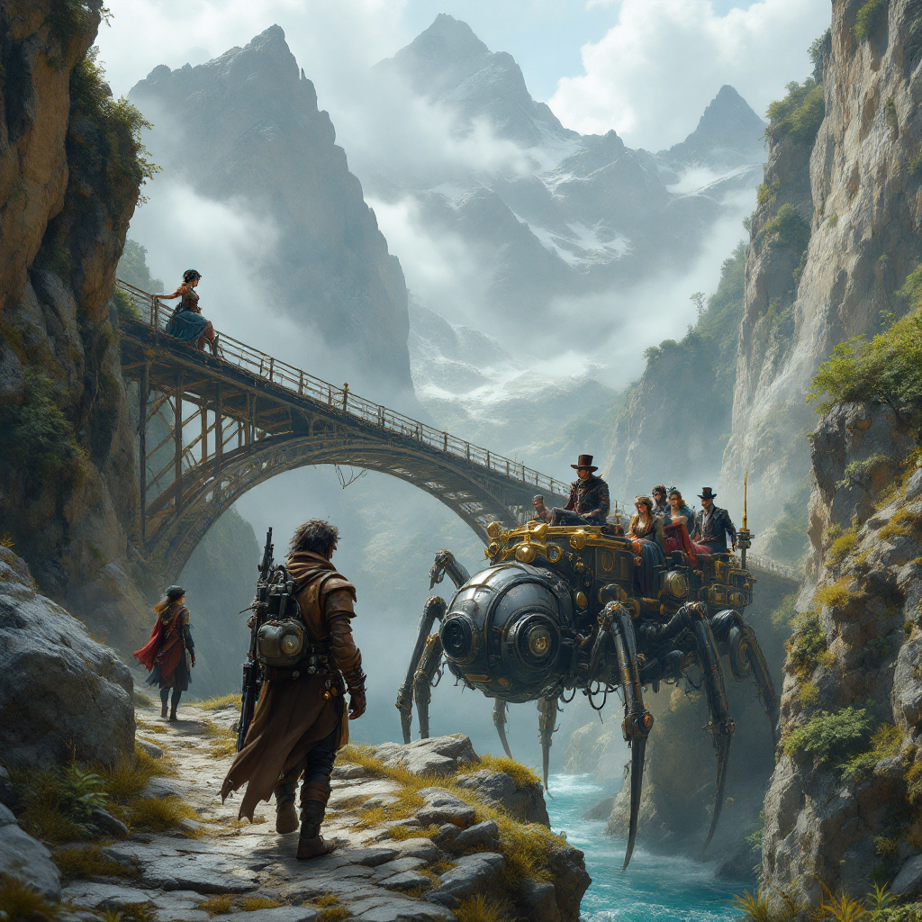 A traveler stands on a rocky path beside a river, gazing at a mechanical spider vehicle transporting a group across a scenic mountainous landscape, illustrating diverse journeys.