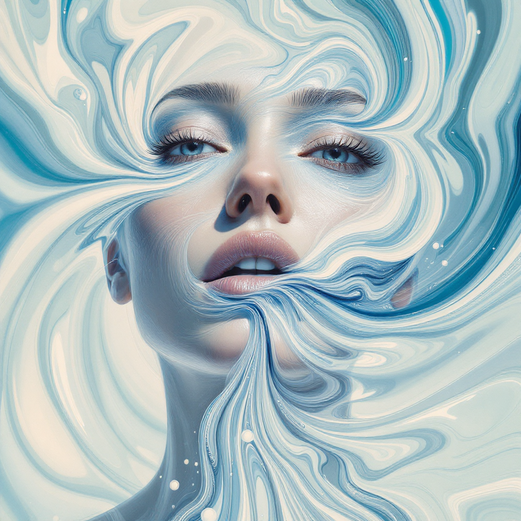 A serene, ethereal portrait of a woman's face surrounded by swirling blue and white patterns, symbolizing the clarity and freedom that truth brings.