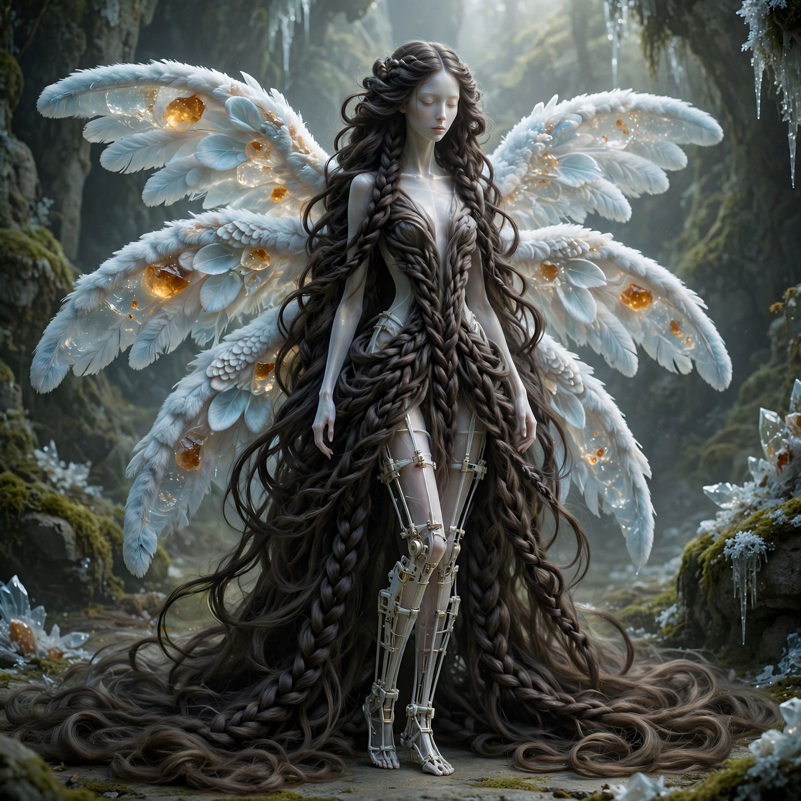 Ethereal humanoid figure with paper-thin pearly skin, long flowing hair forming billows and braids, slender prosthetic legs, and six plush wings blending feathers, scales, and petals.