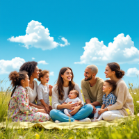 A diverse group of adults and children gather on a blanket in a sunny field, sharing laughter and connection, embodying the support system vital for empowering young mothers.