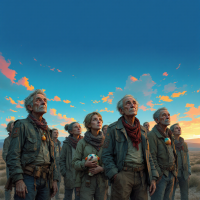 A group of elderly figures gazes upward at a colorful sky, reflecting on childhood memories, embodying the quote, All grown-ups were once children... but only a few of them remember it.