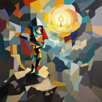 A colorful, abstract figure stands on a rocky outcrop, gazing towards a bright light symbolizing hope and bravery, embodying the essence of courage in every small action.