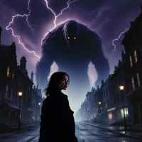 A figure stands defiantly in a dark, stormy street, facing a towering monster illuminated by lightning, embodying the fear of what lurks in the light, inspired by a haunting quote.