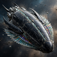 A sleek, beetle-like spaceship with a reflective black shell marked by scars and cracks, translucent iridescent wings folded against its body, and clustered silvery engine cylinders.