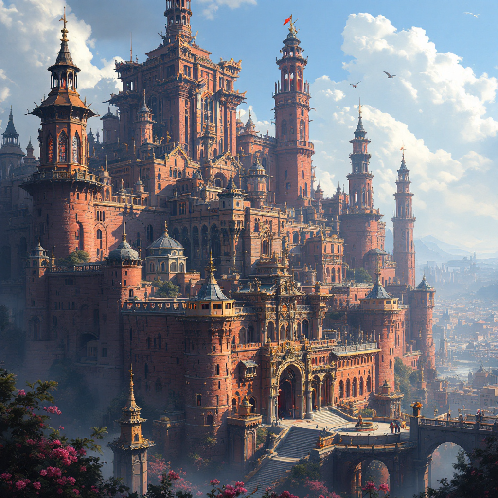 A fantastical walled cityscape featuring elaborate red palaces, tall towers, lush gardens, and intricate archways, evoking the grandeur and paranoia of the Royal House of Erhenrang.